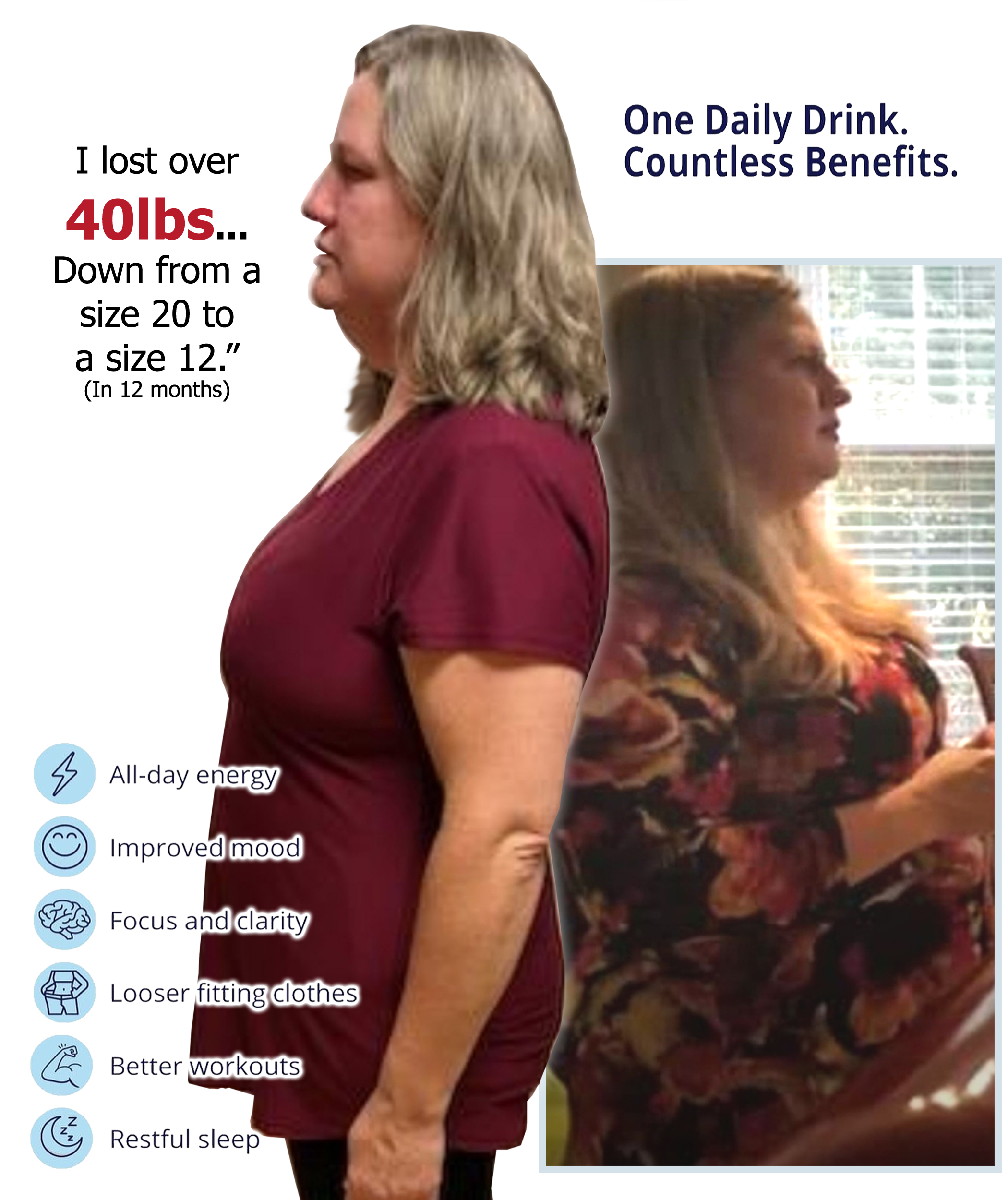 Jennifer lost over 40lbs and is down from a size 20 to a size 12 in 12 months.